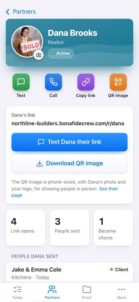 A partner's page in Bonafide Crew: link opens, people sent and who became a client