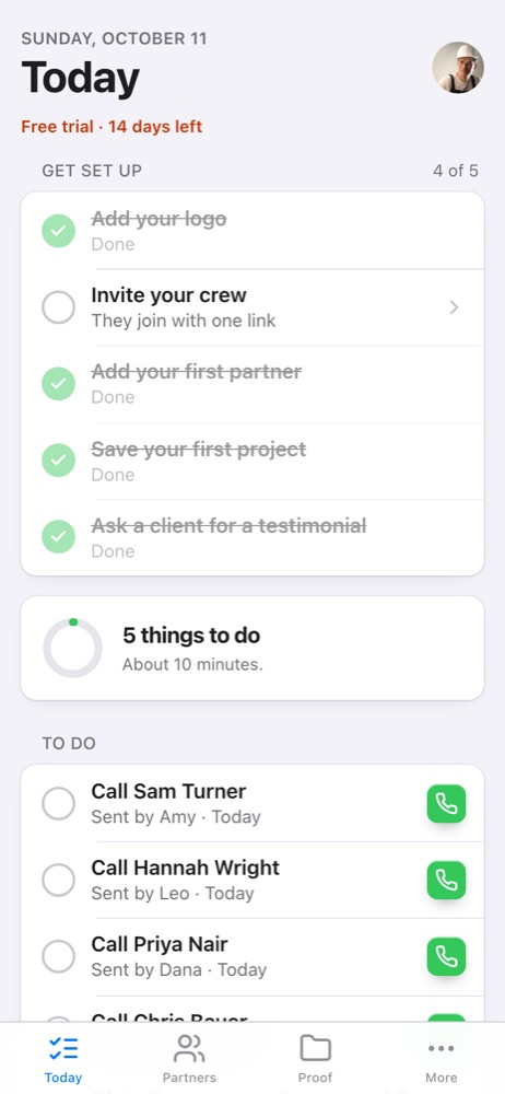 The Today list in Bonafide Crew: new people to call, each showing who sent them