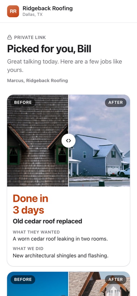 A proof page with a before and after roof, as the client sees it