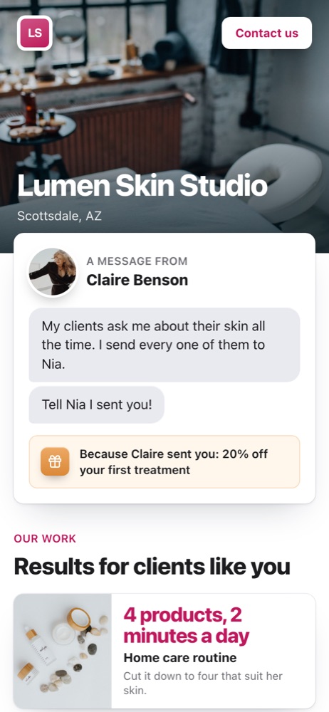 A partner's recommendation page for a skin studio, made with Bonafide Crew