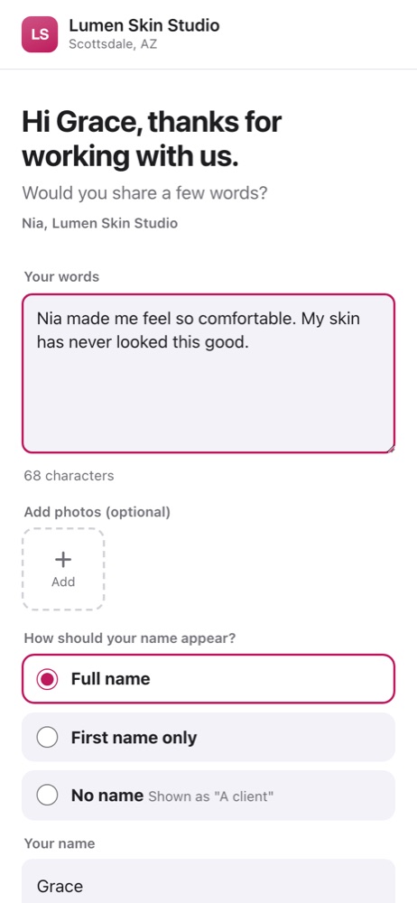 The page a client fills in, for Lumen Skin Studio