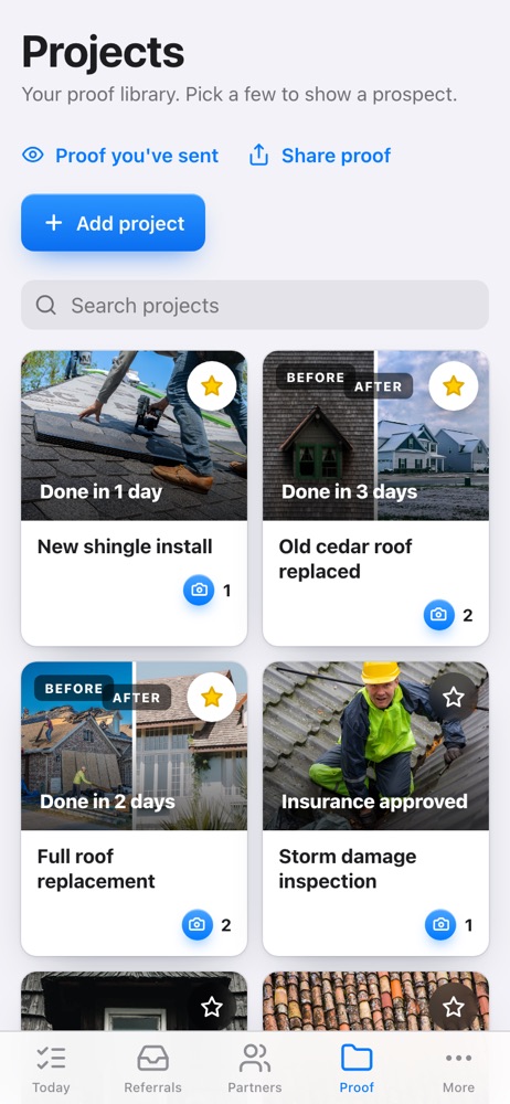 A library of past jobs with photos, in the Bonafide Crew app