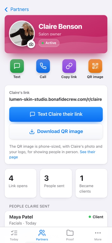 A partner's page in Bonafide Crew: a salon owner's link, QR code and the people she sent